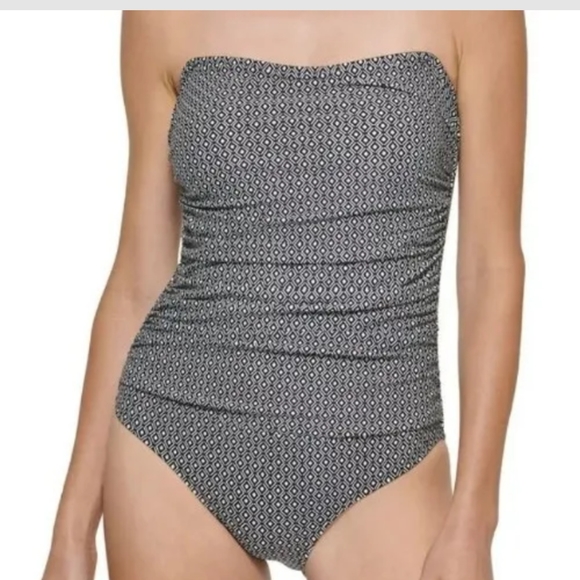 DKNY One piece Swimsuit Black White Diamond Stretchy Woman Med Strapless New - Picture 2 of 12
